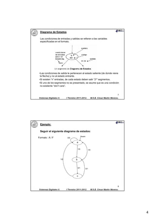 Diagrama de Estados

 Las condiciones de entradas y salidas se refieren a las variables
 especificadas en el formato.




 •Las condiciones de salida le pertenecen al estado saliente (de donde viene
  la flecha) y no al estado entrante.
 •Si existen “n” entradas, de cada estado deben salir “2n” segmentos.
 •Si uno de los segmentos no es presentado, se asume que es una condición
  no existente “don’t care”.


                                                                          7




 Ejemplo:

 Seguir el siguiente diagrama de estados:
                                             Resetn
Formato : A / F            0/0

                                    a

                                       1/0              1/0




                    1/0            b


                                       0/1            0/1



                                    c



                                                                          8




                                                                               4
 