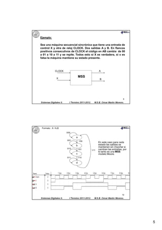 Ejemplo:

Sea una máquina secuencial sincrónica que tiene una entrada de
control X y otra de reloj CLOCK. Dos salidas A y B. En flancos
positivos consecutivos de CLOCK el código en AB cambia de 00
a 01 a 10 a 11 y se repite. Todos esto si X es verdadera, si x es
falsa la máquina mantiene su estado presente.



              CLOCK                            A


               X
                                 MSS
                                                B




                                                                    9




 Formato : X / A,B
                      0/00

                             a
                      0/01       1/00
                                               En este caso para cada
                             b                 estado las salidas se
                                               mantienen sin importar si
                      0/10       1/01          cambian las entradas, por
                                        1/11
                                               lo tanto es una MSS
                             c                 modelo Moore.
                      0/11       1/10

                             d




                                                                    10




                                                                           5
 