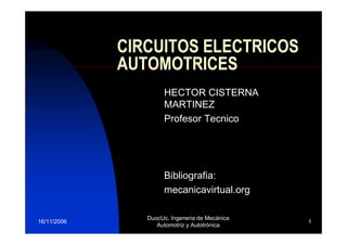 CIRCUITOS ELECTRICOS
             AUTOMOTRICES
                     HECTOR CISTERNA
                     MARTINEZ
                     Profesor Tecnico




                     Bibliografia:
                     mecanicavirtual.org

                DuocUc, Ingeneria de Mecánica
16/11/2006                                      1
                   Automotriz y Autotrónica
 