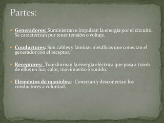  Generadores: Suministran e impulsan la energía por el circuito.
Se caracterizan por tener tensión o voltaje.
 Conductores: Son cables y láminas metálicas que conectan el
generador con el receptor.
 Receptores: Transforman la energía eléctrica que pasa a través
de ellos en luz, calor, movimiento o sonido.
 Elementos de maniobra: Conectan y desconectan los
conductores a voluntad.
 