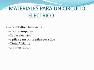 MATERIALES PARA UN CIRCUITO 
ELECTRICO 
 -1 bombillo o lamparita 
-1 portalámparas 
-Cable eléctrico 
-2 pilas y un porta pilas para dos 
-Cinta Aislante 
-un interruptor 
 