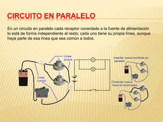 CIRCUITO EN PARALELO
En un circuito en paralelo cada receptor conectado a la fuente de alimentación
lo está de forma independiente al resto; cada uno tiene su propia línea, aunque
haya parte de esa línea que sea común a todos.
 
