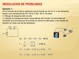 RESOLUCION DE PROBLEMAS
Ejemplo 1:
En el circuito de la figura sabemos que la fuente es de 4,5 V, y las lámparas
tienen una resistencia de R1= 60 Ω y R2= 30 Ω. Se pide:
1. Dibujar el esquema del circuito;
2. calcular la resistencia total o equivalente del circuito, la intensidad de
corriente que circulará por él cuando se cierre el interruptor y las caídas de
tensión en cada una de las lámparas.
 