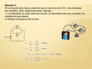 Ejemplo 2:
En el circuito de la figura sabemos que la fuente es de 4,5V, y las lámparas
son de 60Ω y 30Ω, respectivamente. Calcular:
1. La intensidad en cada rama del circuito, la intensidad total que circulará y la
resistencia equivalente.
2. Dibujar el esquema del circuito.
 