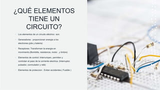 ¿QUÉ ELEMENTOS
TIENE UN
CIRCUITO?
• Los elementos de un circuito eléctrico son:
• Generadores : proporcionan energia a los
electrones.(pila y bateria)
• Receptores: Transforman la energia en
movimiento.(Bombilla, resistencia, motor , y timbre)
• Elementos de control: Interrumpen, permiten y
controlan el paso de la corriente electrica. (Interruptor,
pulsador, conmutador y relé)
• Elementos de proteccion : Evitan accidentes.( Fusible )
 