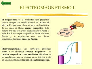 ELECTROMAGNETISMO I.
Al índice
El magnetismo es la propiedad que presentan
ciertos cuerpos en estado natural de atraer al
hierro. El espacio en el que se aprecian los efectos
de un imán se llama campo magnético. Este
campo presenta dos polos llamados polo Norte y
polo Sur. Los campos magnéticos tienen distintas
formas y se representan con unas líneas
imaginarias llamadas líneas de fuerza.
Electromagnetismo. Las corrientes eléctricas
crean a su alrededor campos magnéticos. Los
campos magnéticos crean corrientes eléctricas en
los conductores que se mueven en su interior según
un fenómeno llamado inducción electromagnética.
 