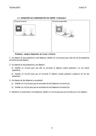 TECNOLOGÍA                                                                                  CURSO 3º




            2.1 CONEXIÓN DE COMPONENTES EN SERIE Y PARALELO
        Circuito en serie                                 Circuito en paralelo




         Problemas, siempre disponemos de la pila o batería:

1.- Se dispone de dos pulsadores y dos lámparas, diseñar un circuito para que cada uno de los pulsadores
encienda una sola lámpara.

2.- Se dispone de dos pulsadores y una lámpara,
   a) Diseñar un circuito para que sólo se encienda la lámpara cuando pulsemos a la vez ambos
    pulsadores.

   b) Diseñar un circuito para que se encienda la lámpara cuando pulsemos cualquiera de los dos
    pulsadores.

3.- Se dispone de dos lámparas y un pulsador.
   a)    Diseñar un circuito para que se enciendan las dos lámparas con mucha luz.

   b)    Diseñar un circuito para que se enciendan las dos lámparas con menos luz.

4.- Mediante un conmutador y dos lámparas, diseñar un circuito para que se encienda una u otra lámpara.




                                                         5
 