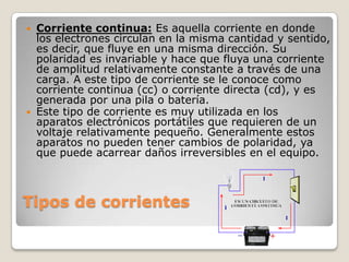 Tipos de corrientes
 Corriente continua: Es aquella corriente en donde
los electrones circulan en la misma cantidad y sentido,
es decir, que fluye en una misma dirección. Su
polaridad es invariable y hace que fluya una corriente
de amplitud relativamente constante a través de una
carga. A este tipo de corriente se le conoce como
corriente continua (cc) o corriente directa (cd), y es
generada por una pila o batería.
 Este tipo de corriente es muy utilizada en los
aparatos electrónicos portátiles que requieren de un
voltaje relativamente pequeño. Generalmente estos
aparatos no pueden tener cambios de polaridad, ya
que puede acarrear daños irreversibles en el equipo.
 