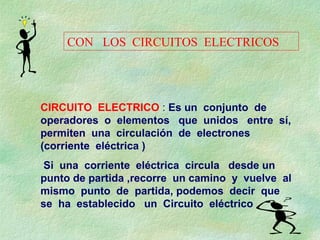 CIRCUITO ELECTRICO : Es un conjunto de
operadores o elementos que unidos entre sí,
permiten una circulación de electrones
(corriente eléctrica )
Si una corriente eléctrica circula desde un
punto de partida ,recorre un camino y vuelve al
mismo punto de partida, podemos decir que
se ha establecido un Circuito eléctrico
CON LOS CIRCUITOS ELECTRICOS
 