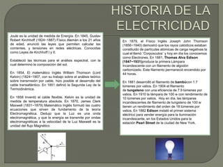 Joule es la unidad de medida de Energía. En 1845, Gustav 
Robert Kirchhoff (1824−1887) Físico Alemán a los 21 años 
de edad, anunció las leyes que permiten calcular las 
corrientes, y tensiones en redes eléctricas. Conocidas 
como Leyes de Kirchhoff I y II. 
Estableció las técnicas para el análisis espectral, con la 
cual determinó la composición del sol. 
En 1854, El matemático Inglés William Thomson (Lord 
Kelvin) (1824−1907, con su trabajo sobre el análisis teórico 
sobre transmisión por cable, hizo posible el desarrollo del 
cable transatlántico. En 1851 definió la Segunda Ley de la 
Termodinámica. 
En 1858 Inventó el cable flexible. Kelvin es la unidad de 
medida de temperatura absoluta. En 1870, James Clerk 
Maxwell (1831−1879) Matemático Inglés formuló las cuatro 
ecuaciones que sirven de fundamento de la teoría 
Electromagnética. Dedujo que la Luz es una onda 
electromagnética, y que la energía se transmite por ondas 
electromagnéticas a la velocidad de la Luz Maxwell es la 
unidad del flujo Magnético 
En 1879, el Físico Inglés Joseph John Thomson 
(1856−1940) demostró que los rayos catódicos estaban 
constituido de partículas atómicas de carga negativas la 
cual el llamó ¨Corpúsculos¨ y hoy en día los conocemos 
como Electrones. En 1881, Thomas Alva Edison 
(1847−1931)produce la primera Lámpara 
Incandescente con un filamento de algodón 
carbonizado. Este filamento permaneció encendido por 
44 horas. 
En 1881 desarrolló el filamento de bambúcon 1.7 
lúmenes por vatios. En 1904 el filamento 
de tungsteno con una eficiencia de 7.9 lúmenes por 
vatios. En 1910 la lámpara de 100 w con rendimiento de 
10 lúmenes por vatios. Hoy en día, las lámparas 
incandescentes de filamento de tungsteno de 100 w 
tienen un rendimiento del orden de 18 lúmenes por 
vatios. En 1882 Edison instaló el primer sistema 
eléctrico para vender energía para la iluminación 
incandescente, en los Estados Unidos para la 
estación Pearl Street de la ciudad de New York. 
 