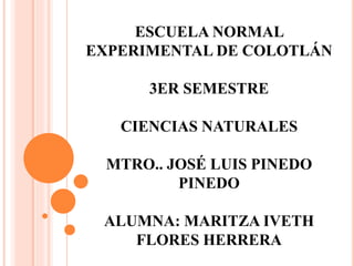 ESCUELA NORMAL
EXPERIMENTAL DE COLOTLÁN
3ER SEMESTRE
CIENCIAS NATURALES
MTRO.. JOSÉ LUIS PINEDO
PINEDO
ALUMNA: MARITZA IVETH
FLORES HERRERA
 