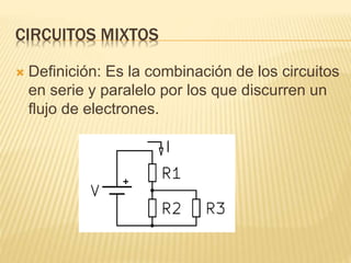 CIRCUITOS MIXTOS
 Definición: Es la combinación de los circuitos
en serie y paralelo por los que discurren un
flujo de electrones.
 