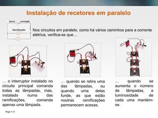 Page  21
Instalação de recetores em paralelo
Nos circuitos em paralelo, como há vários caminhos para a corrente
elétrica, verifica-se que…
… o interruptor instalado no
circuito principal comanda
todas as lâmpadas, mas,
instalado numa das
ramificações, comanda
apenas uma lâmpada.
… quando se retira uma
das lâmpadas, ou
quando uma delas
funde, as que estão
noutras ramificações
permanecem acesas.
… quando se
aumenta o número
de lâmpadas, a
luminosidade de
cada uma mantém-
se.
 