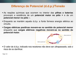 Page  23
Diferença de Potencial (d.d.p.)/Tensão
 As reações químicas que ocorrem no interior das pilhas e baterias
provocam a existência de um potencial maior no pólo + e de um
potencial menor no pólo –.
 Enquanto se mantém aquela d.d.p. a fonte fornece energia elétrica ao
circuito.
 Cargas elétricas positivas movem-se no sentido do potencial menor
enquanto que cargas elétricas negativas movem-se no sentido do
potencial maior.
 O valor de d.d.p. indicado nos recetores não deve ser ultrapassado, sob o
risco de os danificar.
 