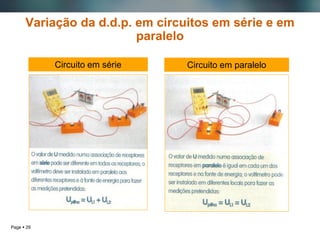 Page  29
Variação da d.d.p. em circuitos em série e em
paralelo
Circuito em série Circuito em paralelo
 