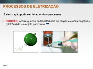 Page  5
 FRICÇÃO: ocorre quando há transferência de cargas elétricas negativas
(eletrões) de um objeto para outro.
PROCESSOS DE ELETRIZAÇÃO
A eletrização pode ser feita por dois processos:
 