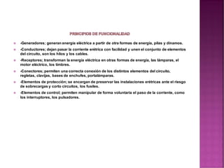 -Generadores; generan energía eléctrica a partir de otra formas de energía, pilas y dinamos.
 -Conductores; dejan pasar la corriente erétrica con facilidad y unen el conjunto de elementos
del circuito, son los hilos y los cables.
 -Receptores; transforman la energía eléctrica en otras formas de energía, las lámparas, el
motor eléctrico, los timbres.
 -Conectores; permiten una correcta conexión de los distintos elementos del circuito,
regletas, clavijas, bases de enchufes, portalámparas.
 -Elementos de protección; se encargan de preservar las instalaciones erétricas ante el riesgo
de sobrecargas y corto circuitos, los fusiles.
 -Elementos de control; permiten manipular de forma voluntaria el paso de la corriente, como
los interruptores, los pulsadores.
 