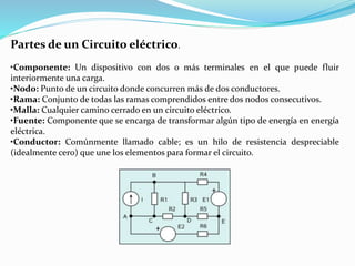 Partes de un Circuito eléctrico.
•Componente: Un dispositivo con dos o más terminales en el que puede fluir
interiormente una carga.
•Nodo: Punto de un circuito donde concurren más de dos conductores.
•Rama: Conjunto de todas las ramas comprendidos entre dos nodos consecutivos.
•Malla: Cualquier camino cerrado en un circuito eléctrico.
•Fuente: Componente que se encarga de transformar algún tipo de energía en energía
eléctrica.
•Conductor: Comúnmente llamado cable; es un hilo de resistencia despreciable
(idealmente cero) que une los elementos para formar el circuito.
 
