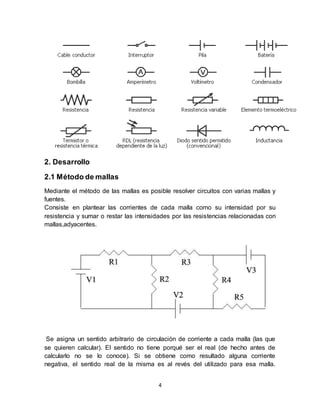 4
2. Desarrollo
2.1 Método de mallas
Mediante el método de las mallas es posible resolver circuitos con varias mallas y
fuentes.
Consiste en plantear las corrientes de cada malla como su intensidad por su
resistencia y sumar o restar las intensidades por las resistencias relacionadas con
mallas,adyacentes.
Se asigna un sentido arbitrario de circulación de corriente a cada malla (las que
se quieren calcular). El sentido no tiene porqué ser el real (de hecho antes de
calcularlo no se lo conoce). Si se obtiene como resultado alguna corriente
negativa, el sentido real de la misma es al revés del utilizado para esa malla.
 