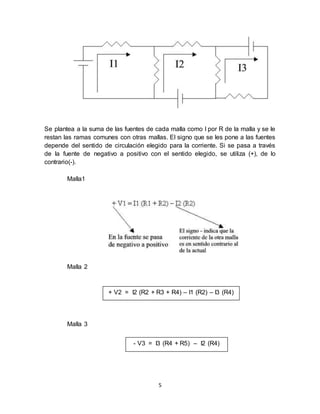 5
Se plantea a la suma de las fuentes de cada malla como I por R de la malla y se le
restan las ramas comunes con otras mallas. El signo que se les pone a las fuentes
depende del sentido de circulación elegido para la corriente. Si se pasa a través
de la fuente de negativo a positivo con el sentido elegido, se utiliza (+), de lo
contrario(-).
Malla1
Malla 2
Malla 3
+ V2 = I2 (R2 + R3 + R4) – I1 (R2) – I3 (R4)
- V3 = I3 (R4 + R5) – I2 (R4)
 