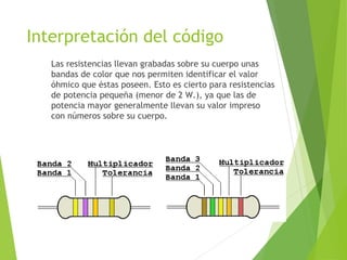 Interpretación del código
Las resistencias llevan grabadas sobre su cuerpo unas
bandas de color que nos permiten identificar el valor
óhmico que éstas poseen. Esto es cierto para resistencias
de potencia pequeña (menor de 2 W.), ya que las de
potencia mayor generalmente llevan su valor impreso
con números sobre su cuerpo.
 
