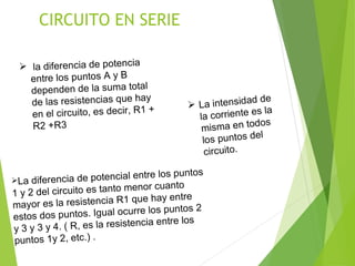 CIRCUITO EN SERIE
La diferencia de potencial entre los puntos
1 y 2 del circuito es tanto menor cuanto
mayor es la resistencia R1 que hay entre
estos dos puntos. Igual ocurre los puntos 2
y 3 y 3 y 4. ( R, es la resistencia entre los
puntos 1y 2, etc.) .
 La intensidad de
la corriente es la
misma en todos
los puntos del
circuito.
 la diferencia de potencia
entre los puntos A y B
dependen de la suma total
de las resistencias que hay
en el circuito, es decir, R1 +
R2 +R3
 
