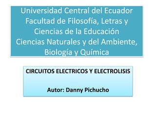 Universidad Central del Ecuador
Facultad de Filosofía, Letras y
Ciencias de la Educación
Ciencias Naturales y del Ambiente,
Biología y Química
CIRCUITOS ELECTRICOS Y ELECTROLISIS
Autor: Danny Pichucho
 