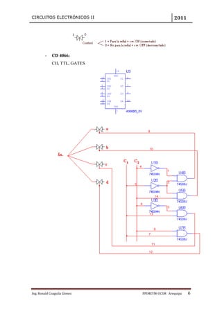 CIRCUITOS ELECTRÓNICOS II                                                        2011




        -    CD 4066:
             CII, TTL, GATES
                                           14        U3
                                          VDD
                               13   IN1         D1   2
                               1    S1
                               5    IN2         D2   3
                               4    S2
                               6    IN3         D3   9
                               8    S3
                               12   IN4         D4   10
                               11   S4
                                          VSS
                                           7         4066BD_5V




Ing. Ronald Coaguila Gómez                                       PPIMEYM‐UCSM Arequipa   6
 
