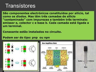 Transístores
São componentes electrónicos constituídos por silício, tal
como os díodos. Mas têm três camadas de silício
“contaminado” com impurezas e também três terminais:
emissor e, colector c e base b. Cada camada está ligada a
um terminal.

Consoante estão instalados no circuito.

Podem ser do tipo: pnp ou npn
 