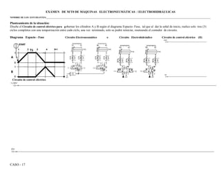 CASO - 17
EXÁMEN DE M/T0 DE MÁQUINAS ELECTRONEUMÁTICAS / ELECTROHIDRÁULICAS
NOMBRE DE LOS ESTUDIANTES:___________________________________________________________________________________________________________________________________________________
Planteamiento de la situación:
Diseñe el Circuito de control eléctrico para gobernar los cilindros A y B según el diagrama Espacio- Fase, tal que al dar la señal de inicio, realice solo tres (3)
ciclos completos con una temporización entre cada ciclo, una vez terminado, solo se podrá reiniciar, reseteando el contador de circuito.
Diagrama Espacio - Fase Circuito Electroneumático o Circuito Electrohidráulico Circuito de control eléctrico (II)
Circuito de control eléctrico
 