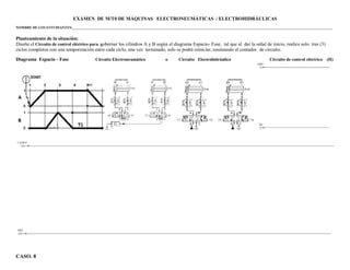 CASO. 8
EXÁMEN DE M/T0 DE MÁQUINAS ELECTRONEUMÁTICAS / ELECTROHIDRÁULICAS
NOMBRE DE LOS ESTUDIANTES:___________________________________________________________________________________________________________________________________________________
Planteamiento de la situación:
Diseñe el Circuito de control eléctrico para gobernar los cilindros A y B según el diagrama Espacio- Fase, tal que al dar la señal de inicio, realice solo tres (3)
ciclos completos con una temporización entre cada ciclo, una vez terminado, solo se podrá reiniciar, reseteando el contador de circuito.
Diagrama Espacio - Fase Circuito Electroneumático o Circuito Electrohidráulico Circuito de control eléctrico (II)
 