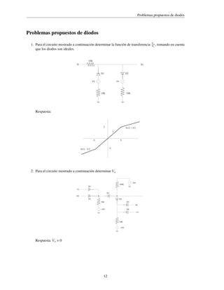 Problemas propuestos de diodos

Problemas propuestos de diodos
1. Para el circuito mostrado a continuación determinar la función de transferencia
que los diodos son ideales.
10K
Vi

Vo

D1
+
-

5V

D2
+
-

5V

10K

10K

Respuesta:

5

Vi/2 + 5/2
1

-5

5
-5

Vi/2 - 5/2

2. Para el circuito mostrado a continuación determinar Vo
+
-

100K

10V

D1
1V
D3
0V
D2

D4
10K

D5

-10V

D6

0V
+
-

-1V

10K
+
-

Respuesta: Vo = 0

12

-10V

Vo
Vi ,

tomando en cuenta

 