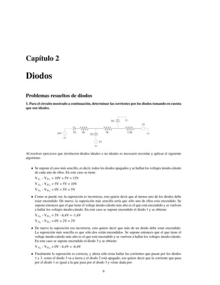 Capítulo 2

Diodos
Problemas resueltos de diodos
1. Para el circuito mostrado a continuación, determinar las corrientes por los diodos tomando en cuenta
que son ideales.

D3
5V
-+

10V

+
-

D1

3K

7K

D2
+
-

2,5K

5V

Al resolver ejercicios que involucren diodos ideales o no ideales es necesario recordar y aplicar el siguiente
algoritmo:
• Se supone el caso más sencillo, es decir, todos los diodos apagados y se hallan los voltajes ánodo-cátodo
de cada uno de ellos. En este caso se tiene:
VA1 - VK1 = 10V + 5V = 15V
VA2 - VK2 = 5V + 5V = 10V
VA3 - VK3 = 0V + 5V = 5V
• Como se puede ver, la suposición es incorrecta, esto quiere decir que al menos uno de los diodos debe
estar encendido. De nuevo, la suposición más sencilla sería que sólo uno de ellos esta encendido. Se
supone entonces que el que tiene el voltaje ánodo-cátodo más alto es el que está encendido y se vuelven
a hallar los voltajes ánodo-cátodo. En este caso se supone encendido el diodo 1 y se obtiene:
VA2 - VK2 = 5V - 6,4V = -1,4V
VA3 - VK3 = 0V + 2V = 2V
• De nuevo la suposición era incorrecta, esto quiere decir que más de un diodo debe estar encendido.
La suposición más sencilla es que sólo dos están encendidos. Se supone entonces que el que tiene el
voltaje ánodo-cátodo más alto es el que está encendido y se vuelven a hallar los voltajes ánodo-cátodo.
En este caso se supone encendido el diodo 3 y se obtiene:
VA2 - VK2 = 0V - 6,4V = -6,4V
• Finalmente la suposición es correcta, y ahora sólo resta hallar las corrientes que pasan por los diodos
1 y 3. como el diodo 3 va a tierra y el diodo 2 está apagado, eso quiere decir que la corriente que pasa
por el diodo 1 es igual a la que pasa por el diodo 3 y viene dada por:
9

 