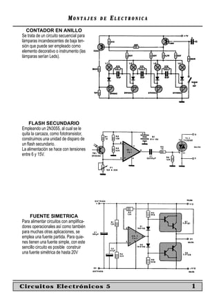 MONTAJES      DE   ELECTRONICA
   CONTADOR EN ANILLO
Se trata de un circuito secuencial para
lámparas incandescentes de baja ten-
sión que puede ser empleado como
elemento decorativo o instrumento (las
lámparas serían Leds).




    FLASH SECUNDARIO
Empleando un 2N3055, al cual se le
quita la carcaza, como fototransistor,
construimos una unidad de disparo de
un ﬂash secundario.
La alimentación se hace con tensiones
entre 6 y 15V.




     FUENTE SIMETRICA
Para alimentar circuitos con ampliﬁca-
dores operacionales así como también
para muchas otras aplicaciones, se
emplea una fuente partida. Para quie-
nes tienen una fuente simple, con este
sencillo circuito es posible construir
una fuente simétrica de hasta 20V




Circuitos Electrónicos 5                                     1
 