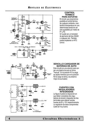MONTAJES   DE   ELECTRONICA
                                           CONTROL
                                           TERMICO
                                      PARA ESTUFAS
                                  El circuito que proponemos
                                  posibilita el control térmico
                                  de cualquier ambiente, man-
                                  tendrá la temperatura en una
                                  determinada banda de val-
                                  ores ajustables por medio de
                                  P1 y P2.
                                  Q1 puede ser un transistor
                                  de germanio del tipo 2SA49
                                  o cualquier otro. También
                                  puede emplearse un NTC
                                  común.




                         SENCILLO CARGADOR DE
                              BATERIAS DE AUTO
                         Este circuito es una solución para car-
                         gar una batería de auto en forma
                         “manual”. En la posición R1 la carga
                         es rápida mientras que en la posición
                         R2 la carga es lenta y se preserva
                         mejor el acumulador.



                                 FUENTES CON
                                 REGULADORES
                                  INTEGRADOS
                         La ﬁgura muestra la disposición en
                         que deben conectarse dos regu-
                         ladores de tensión integrados de tres
                         terminales para obtener sendas
                         fuentes de 6V y 12V respectivamente.
                         La regulación de estos componentes
                         suele ser muy buena.




4               Circuitos Electrónicos 5
 