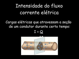 Intensidade do fluxo corrente elétrica Cargas elétricas que atravessam a seção de um condutor durante certo tempo:  I =  Q  t 