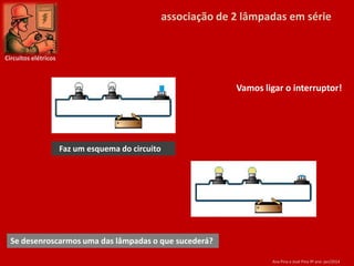 associação de 2 lâmpadas em série

Circuitos elétricos

Vamos ligar o interruptor!

Faz um esquema do circuito

Se desenroscarmos uma das lâmpadas o que sucederá?
Ana Pina e José Pina 9º ano jan/2014

 