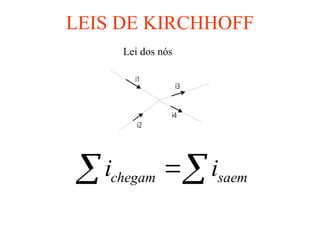 LEIS DE KIRCHHOFF
Lei dos nós
 
 saem
chegam i
i
i2
i1
i3
i4
 