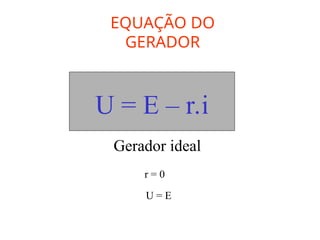 EQUAÇÃO DO
GERADOR
U = E – r.i
Gerador ideal
r = 0
U = E
 