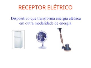 RECEPTOR ELÉTRICO
Dispositivo que transforma energia elétrica
em outra modalidade de energia.
 