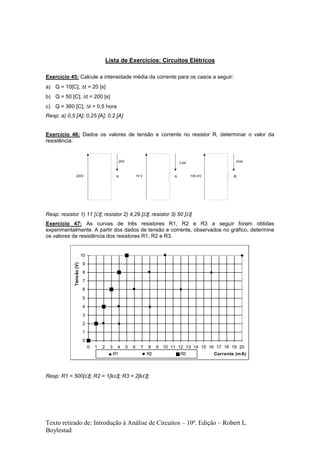 Texto retirado de: Introdução à Análise de Circuitos – 10ª. Edição – Robert L.
Boylestad
Lista de Exercícios: Circuitos Elétricos
Exercício 45: Calcule a intensidade média da corrente para os casos a seguir:
a) Q = 10[C], t = 20 [s]
b) Q = 50 [C]; t = 200 [s]
c) Q = 360 [C]; t = 0,5 hora
Resp: a) 0,5 [A]; 0,25 [A]; 0,2 [A]
Exercício 46: Dados os valores de tensão e corrente no resistor R, determinar o valor da
resistência:
R R R220V 15 V 100 mV
20A 3,5A 2mA
Resp: resistor 1) 11 []; resistor 2) 4,29 []; resistor 3) 50 []
Exercício 47: As curvas de três resistores R1, R2 e R3 a seguir foram obtidas
experimentalmente. A partir dos dados de tensão e corrente, observados no gráfico, determine
os valores de resistência dos resistores R1, R2 e R3.
Resp: R1 = 500[]; R2 = 1[k]; R3 = 2[k];
0
1
2
3
4
5
6
7
8
9
10
0 1 2 3 4 5 6 7 8 9 10 11 12 13 14 15 16 17 18 19 20
Corrente (mA)
Tensão(V)
R1 R2 R3
 