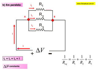 www.fisicaatual.com.br b) Em paralelo: 1  R - R 2 R 3 + i i 1 i 2 i 3 i A B i 1  + i 2  + i 3  = i = constante 
