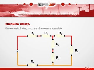 Circuito misto
Existem resistências, tanto em série como em paralelo.

                       R1           R2            R3


                                               R6

                                                         R4

                                               R7
                       R5
 