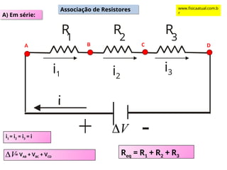 A) Em série:
A
R
1
R
2
R
3
i
-
i1 i2
i3
V

B C D
i1 = i2 = i3 = i
= VAB + VBC + VCD
V
 Req = R1 + R2 + R3
Associação de Resistores www.fisicaatual.com.b
r
 