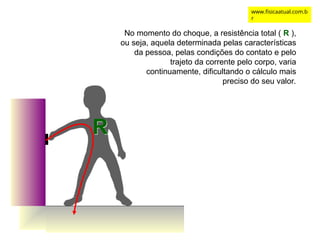No momento do choque, a resistência total ( R ),
ou seja, aquela determinada pelas características
da pessoa, pelas condições do contato e pelo
trajeto da corrente pelo corpo, varia
continuamente, dificultando o cálculo mais
preciso do seu valor.
R
www.fisicaatual.com.b
r
 
