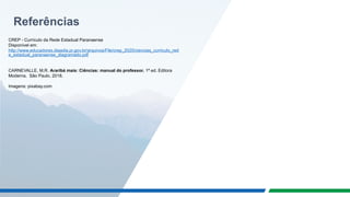 Referências
CREP - Currículo da Rede Estadual Paranaense
Disponível em:
http://www.educadores.diaadia.pr.gov.br/arquivos/File/crep_2020/ciencias_curriculo_red
e_estadual_paranaense_diagramado.pdf
CARNEVALLE, M.R. Araribá mais: Ciências: manual do professor. 1ª ed. Editora
Moderna. São Paulo, 2018.
Imagens: pixabay.com
 