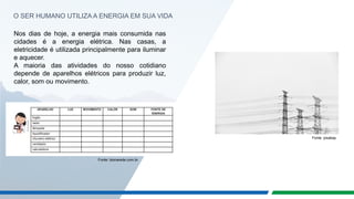 O SER HUMANO UTILIZA A ENERGIA EM SUA VIDA
Fonte: bionarede.com.br
Nos dias de hoje, a energia mais consumida nas
cidades é a energia elétrica. Nas casas, a
eletricidade é utilizada principalmente para iluminar
e aquecer.
A maioria das atividades do nosso cotidiano
depende de aparelhos elétricos para produzir luz,
calor, som ou movimento.
Fonte: pixabay
 