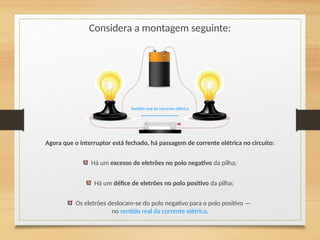 Considera a montagem seguinte:
Agora que o interruptor está fechado, há passagem de corrente elétrica no circuito:
Há um excesso de eletrões no polo negativo da pilha;
Há um défice de eletrões no polo positivo da pilha;
Os eletrões deslocam-se do polo negativo para o polo positivo —
no sentido real da corrente elétrica.
Sentido real da corrente elétrica
 