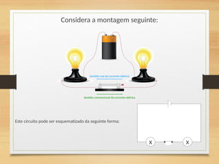 Considera a montagem seguinte:
Sentido real da corrente elétrica
Sentido convencional da corrente elétrica
x
x
Este circuito pode ser esquematizado da seguinte forma:
 