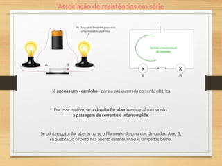 x
x
A B
A B
Associação de resistências em série
Há apenas um «caminho» para a passagem da corrente elétrica.
Sentido convencional
da corrente
Por esse motivo, se o circuito for aberto em qualquer ponto,
a passagem de corrente é interrompida.
Se o interruptor for aberto ou se o filamento de uma das lâmpadas, A ou B,
se quebrar, o circuito fica aberto e nenhuma das lâmpadas brilha.
As lâmpadas também possuem
uma resistência interna
 